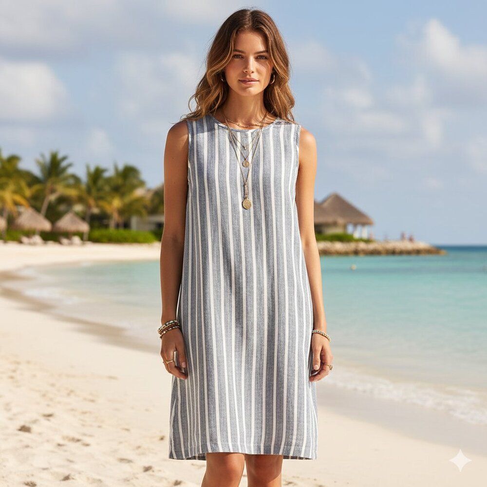 St. Tropez West 100% Linen Shift Dress 8 - Blue White Striped Sleeveless